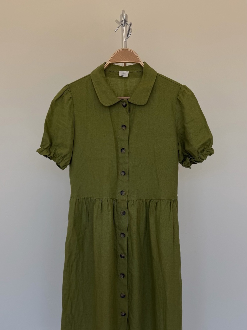 Wilfred Aritzia Olive Green Linen Blend Button Front Midi Dress XS-S